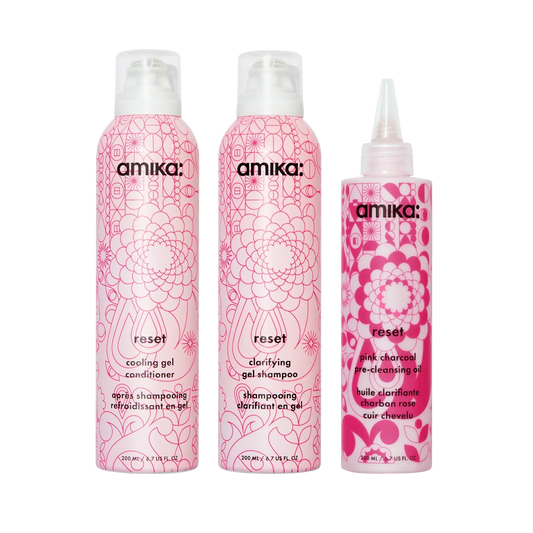 detox set reset clarifying gel shampoo, cooling gel conditioner + pink charcoal scalp cleansing oil